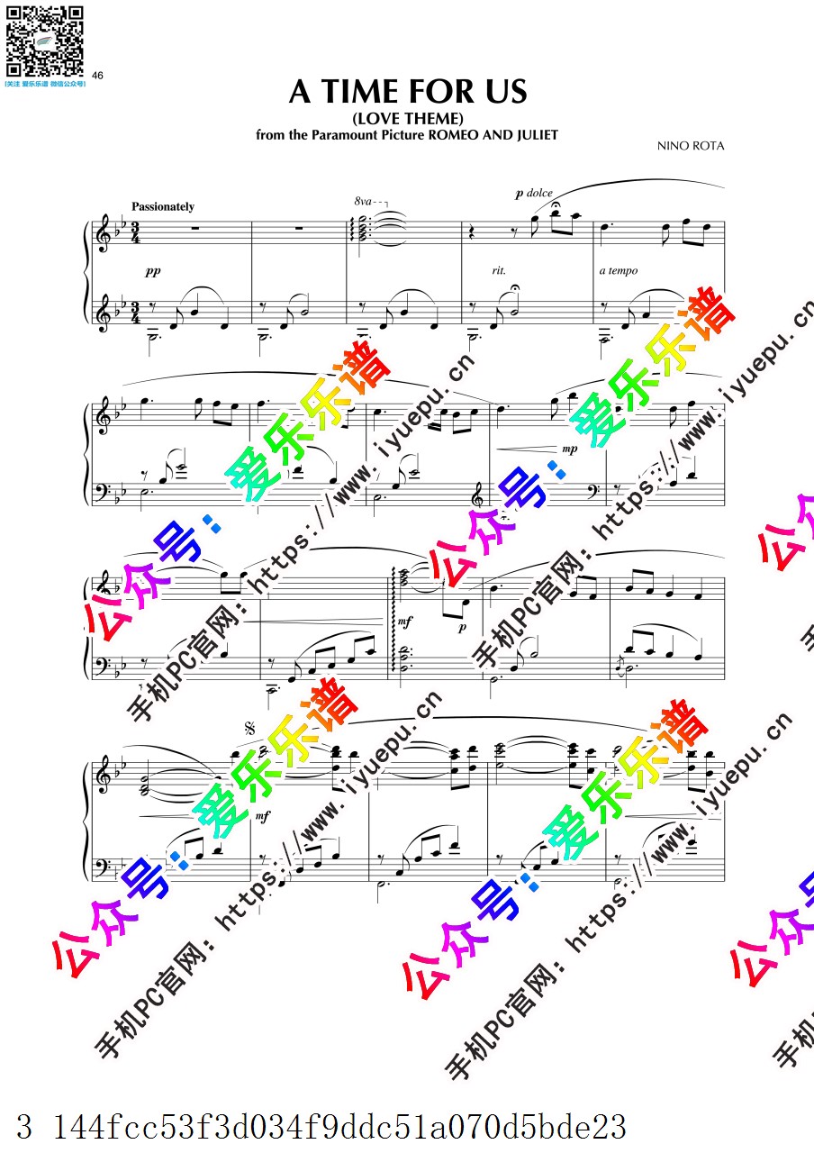 Romeo and Juliet 罗密欧与朱丽叶主题曲 A Time For Us 我俩的时光 钢琴谱 乐谱曲谱总谱分谱伴奏音乐在线预览试听下载