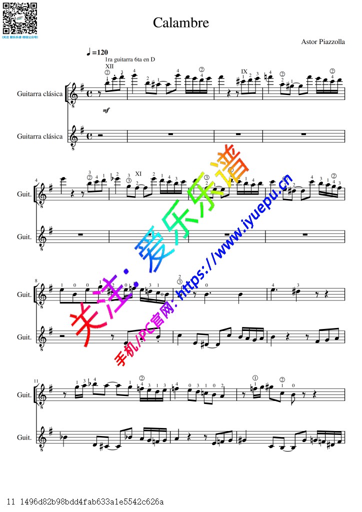 Piazzolla 皮亚佐拉 Calambre Tango 2古典吉他二重奏 -总谱与分谱 乐谱曲谱总谱分谱伴奏音乐在线预览试听下载