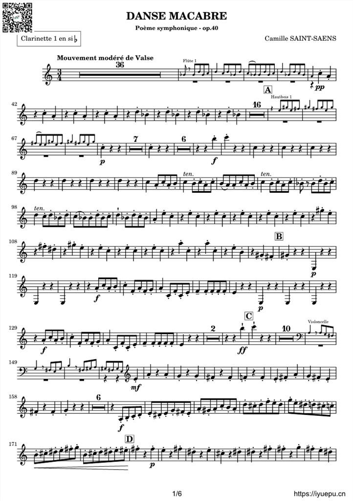 圣桑OP40 交响诗骷髅之舞 Danse macabre 交响乐谱Clarinet I-II分谱 乐谱曲谱总谱分谱伴奏音乐在线预览试听下载