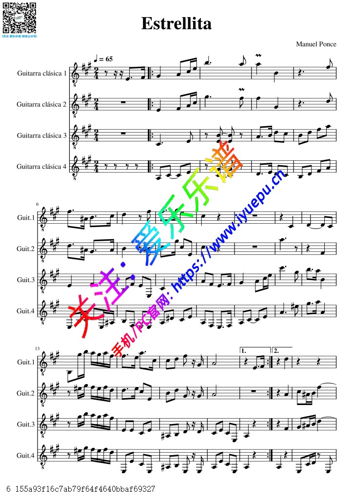 M.Ponce 庞塞 我的小星星 Estrellita 4古典吉他四重奏-总谱与分谱 乐谱曲谱总谱分谱伴奏音乐在线预览试听下载