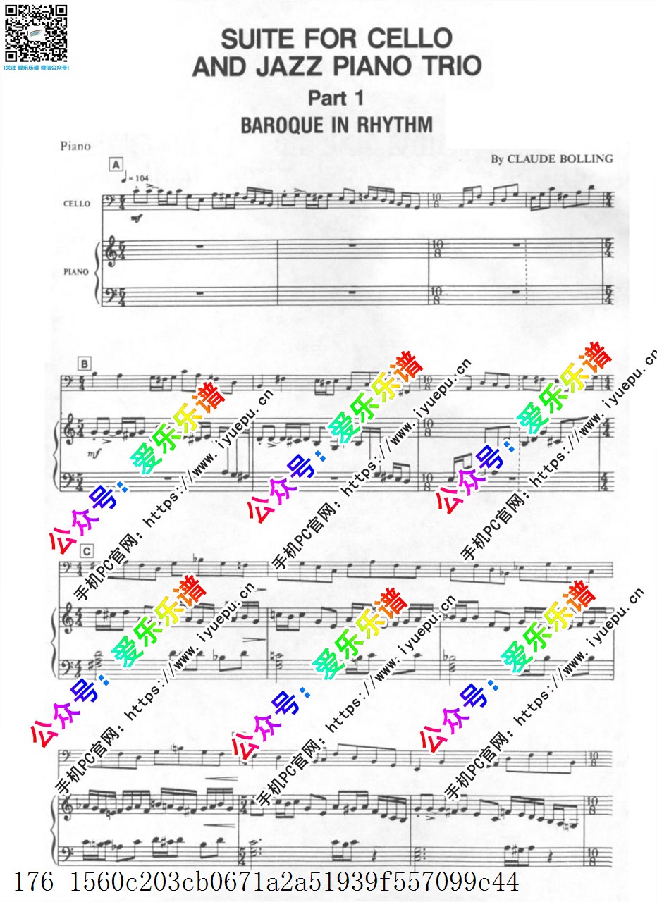 Claude Bolling克劳德-波林 Suite for Cello and Jazz Piano Trio 大提琴爵士钢琴三重奏组曲全6章 大提琴钢琴总谱与Cello,Bass,Drums分谱 原版 乐谱曲谱总谱分谱伴奏音乐在线预览试听下载