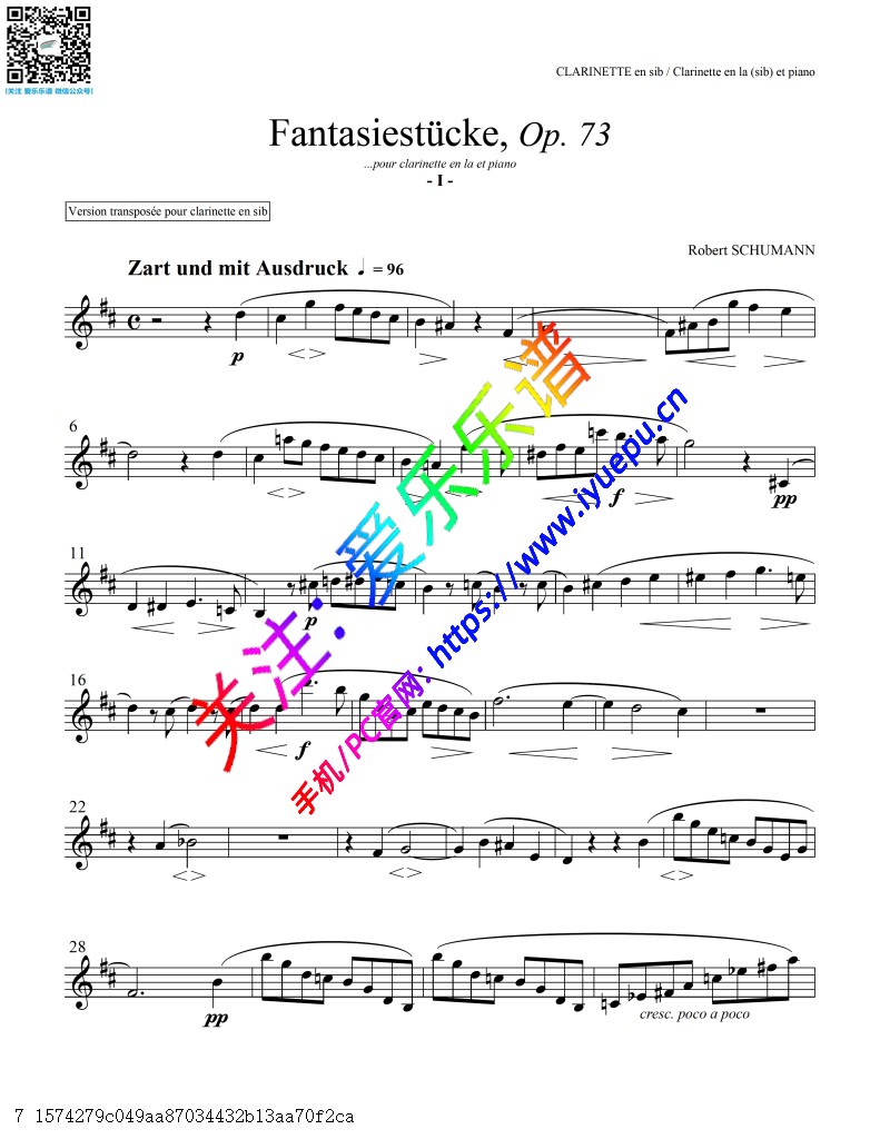 舒曼Schumann 幻想曲3首 Fantasiestucke OP.73 Bb 单簧管谱 Clarinet in Bb and Piano 乐谱曲谱总谱分谱伴奏音乐在线预览试听下载