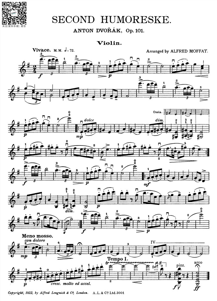 德沃夏克 幽默曲 Op101- No2 小提琴谱钢琴伴奏谱 乐谱曲谱总谱分谱伴奏音乐在线预览试听下载