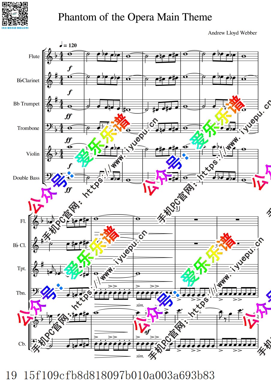 歌剧魅影主题曲 Phantom of the opera 长笛单簧管小号长号小提琴低音提琴 六重奏 总谱分谱 乐谱曲谱总谱分谱伴奏音乐在线预览试听下载