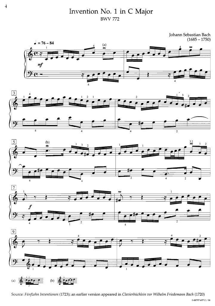巴赫C大调创意曲BWV772No１钢琴谱 乐谱曲谱总谱分谱伴奏音乐在线预览试听下载