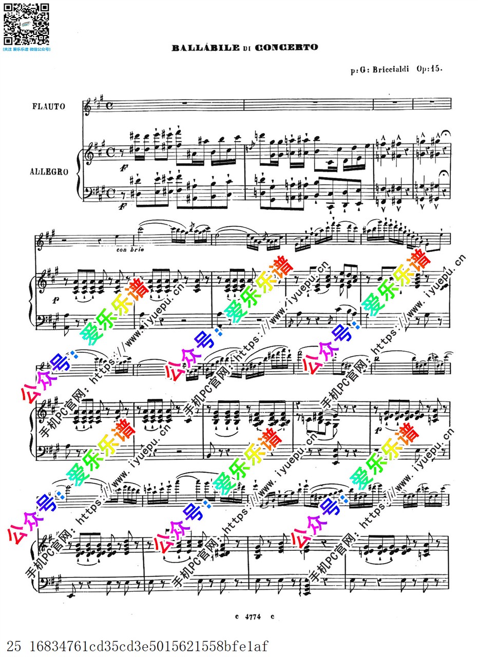 Briccialdi, Giulio 朱利奥-布里夏尔迪 Ballabile di Concerto Op.15 舞蹈协奏曲 长笛谱与钢琴伴奏谱 原版 乐谱曲谱总谱分谱伴奏音乐在线预览试听下载