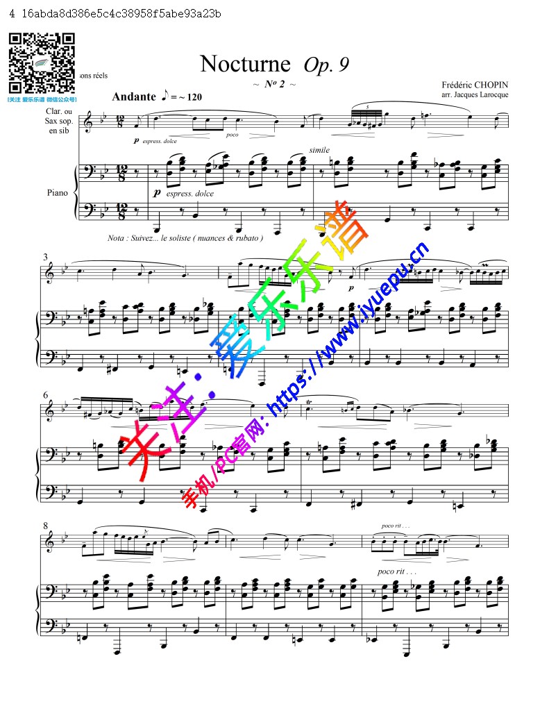 肖邦 夜曲 Nocturno Op9 No2 单簧管谱-萨克斯谱 钢琴伴奏谱V2 乐谱曲谱总谱分谱伴奏音乐在线预览试听下载