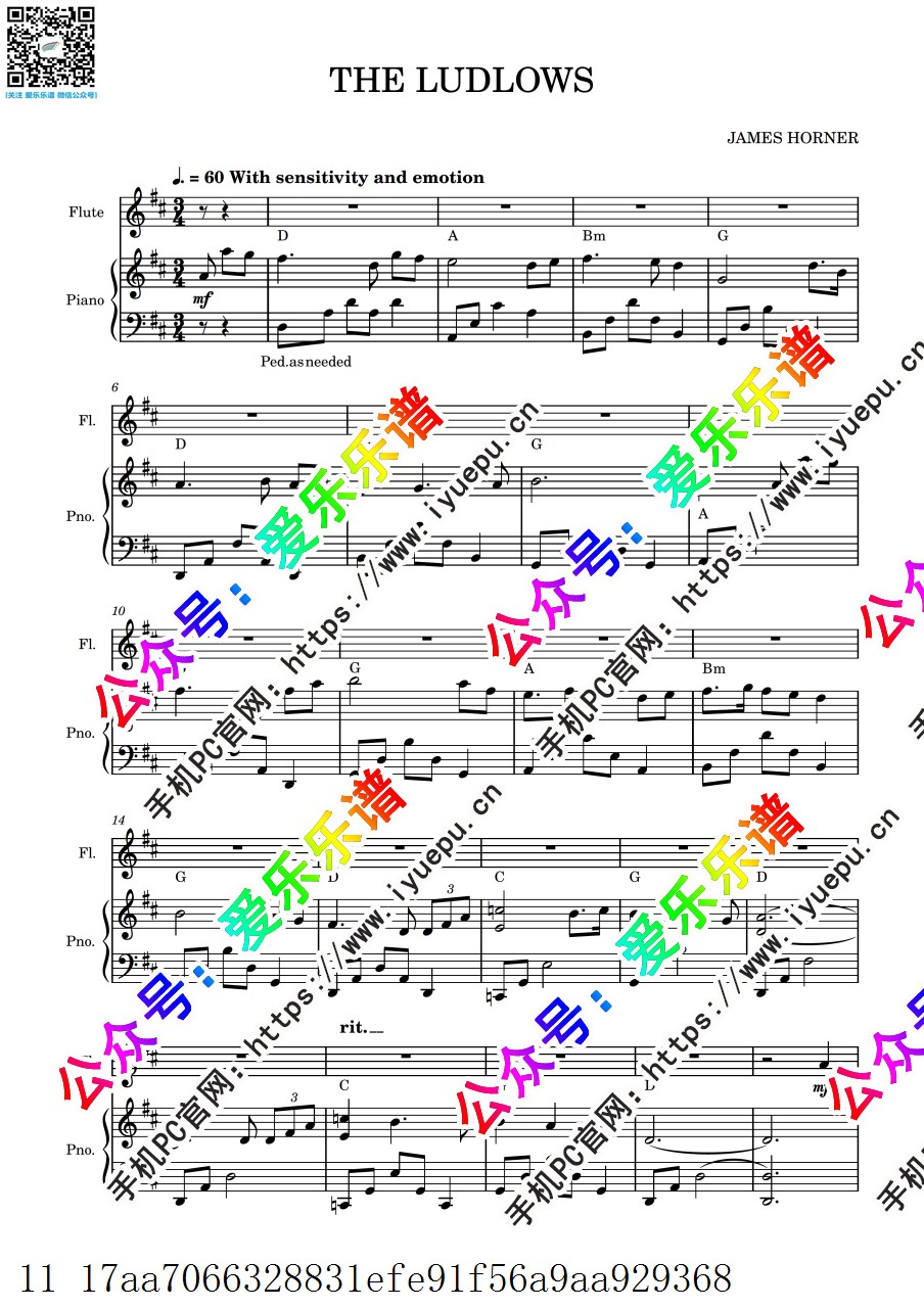 燃情岁月主题曲 The Ludlows 长笛谱与钢琴伴奏谱 总谱分谱 乐谱曲谱总谱分谱伴奏音乐在线预览试听下载