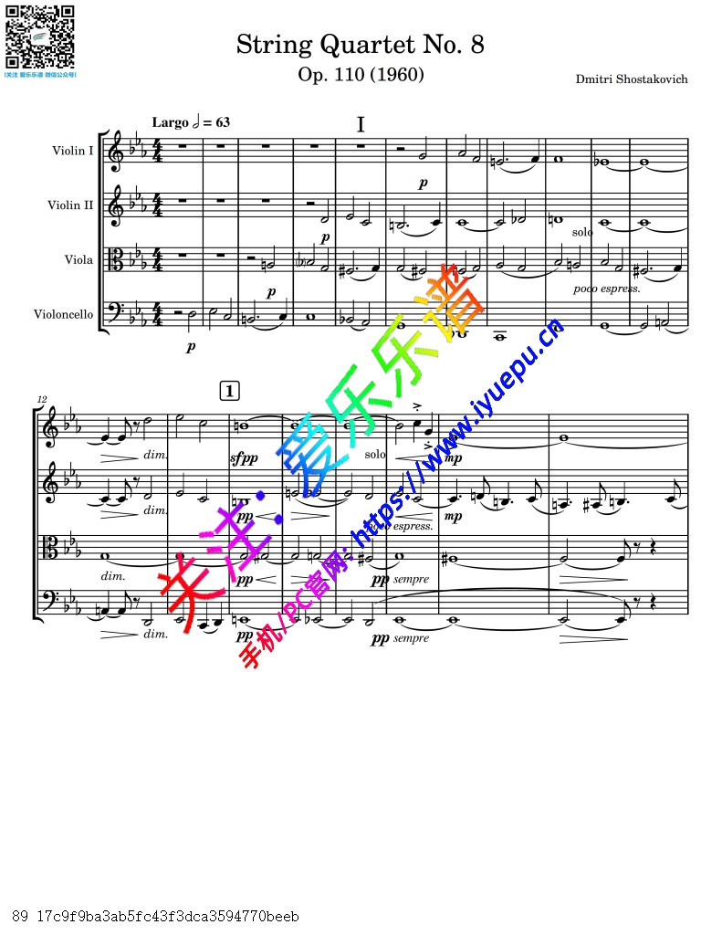 Dmitri Shostakovich肖斯塔科维奇c小调第八弦乐四重奏 Op110 No8 总谱与分谱 乐谱曲谱总谱分谱伴奏音乐在线预览试听下载