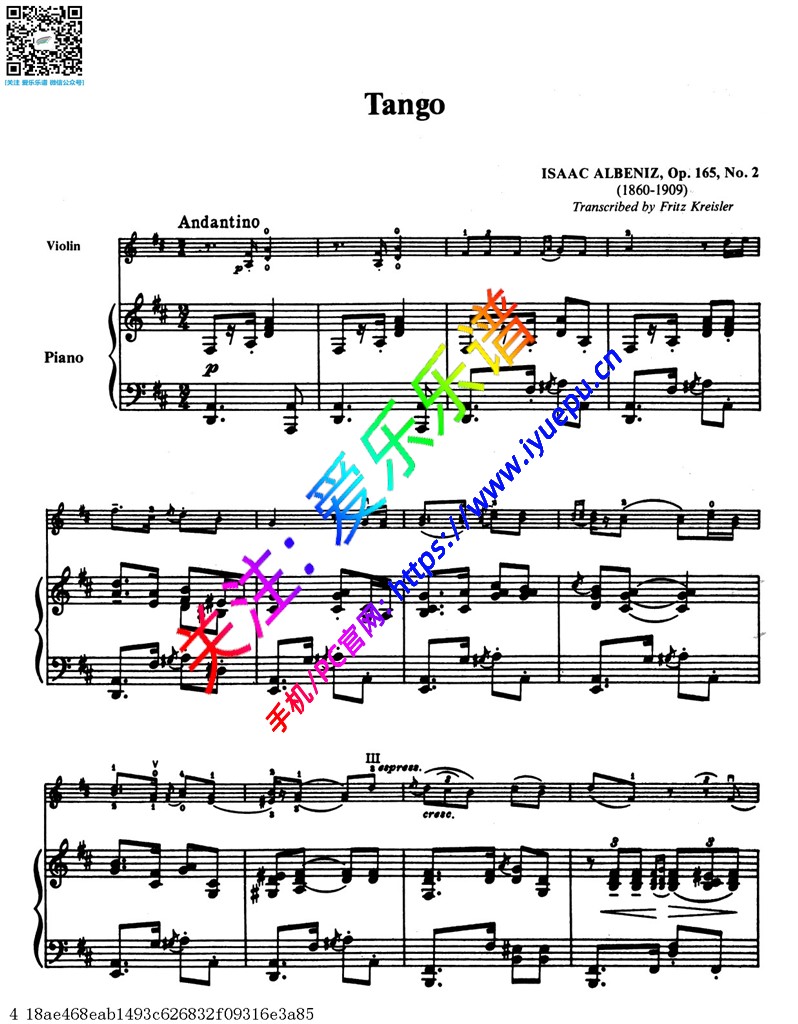 克莱斯勒Fritz Kreisler-Tango-Isaac Albeniz Op.165 No.2小提琴钢琴伴奏谱 乐谱曲谱总谱分谱伴奏音乐在线预览试听下载