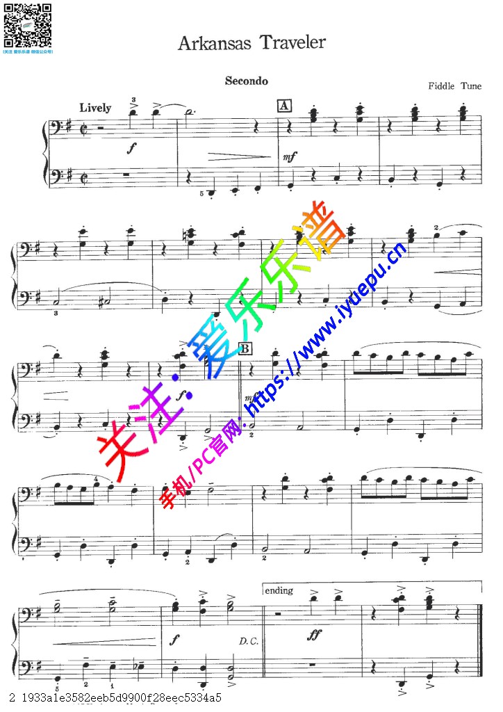 Arkasas traveler 钢琴四手联弹谱 钢琴二重奏谱 乐谱曲谱总谱分谱伴奏音乐在线预览试听下载
