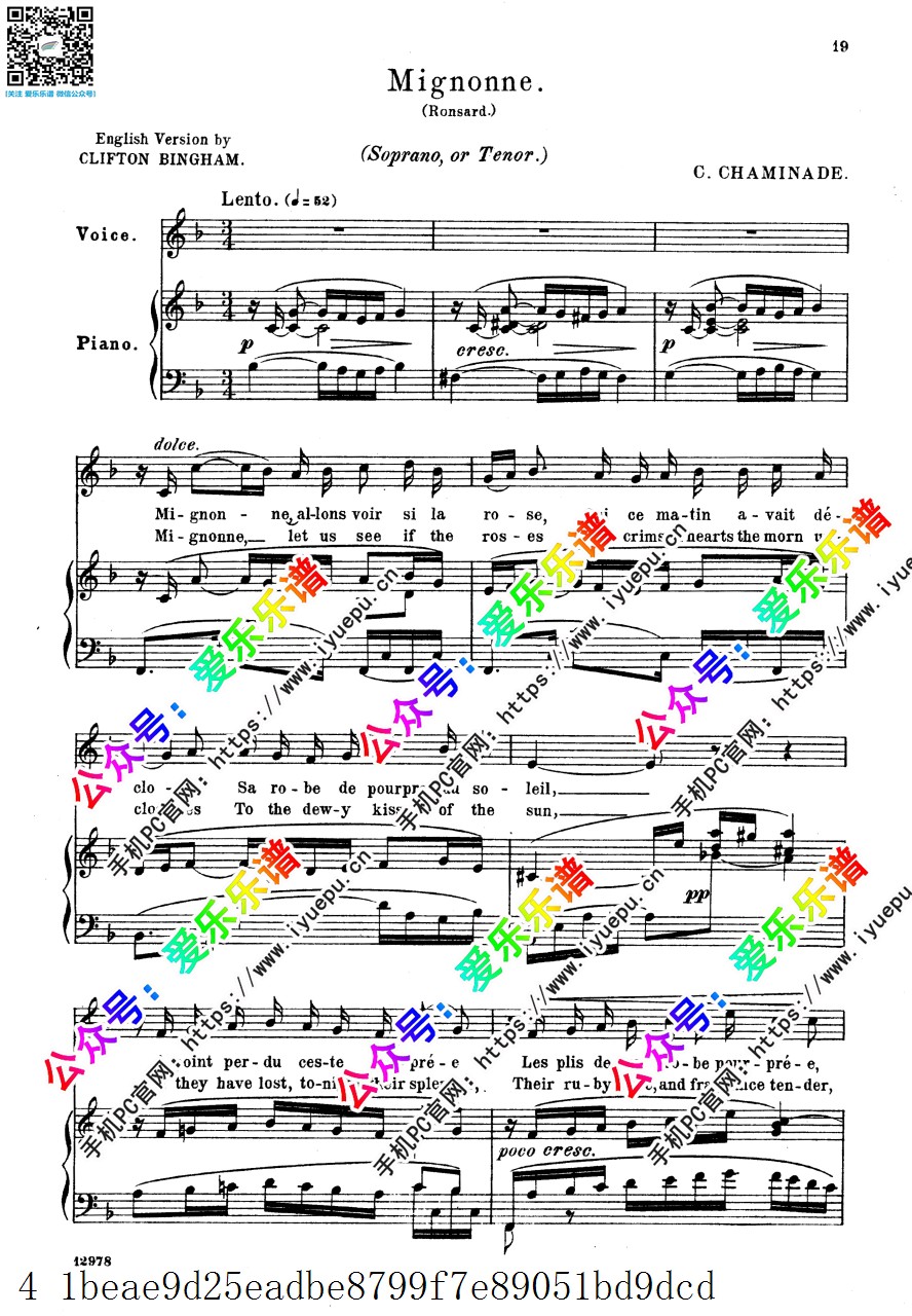 Chaminade, Cecile 夏米娜德 Mignonne 艺术歌曲 高音声乐钢琴伴奏谱 原版 乐谱曲谱总谱分谱伴奏音乐在线预览试听下载