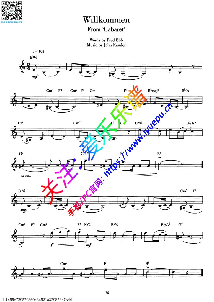 Willkommen欢迎 选自音乐剧《夜总会》单簧管谱 乐谱曲谱总谱分谱伴奏音乐在线预览试听下载