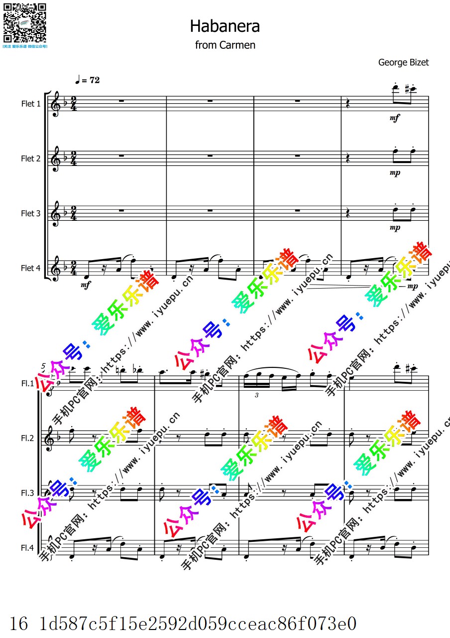 比才 卡门-哈巴涅拉舞曲 HABANERA 爱情像一只自由鸟 4长笛四重奏 总分谱 乐谱曲谱总谱分谱伴奏音乐在线预览试听下载
