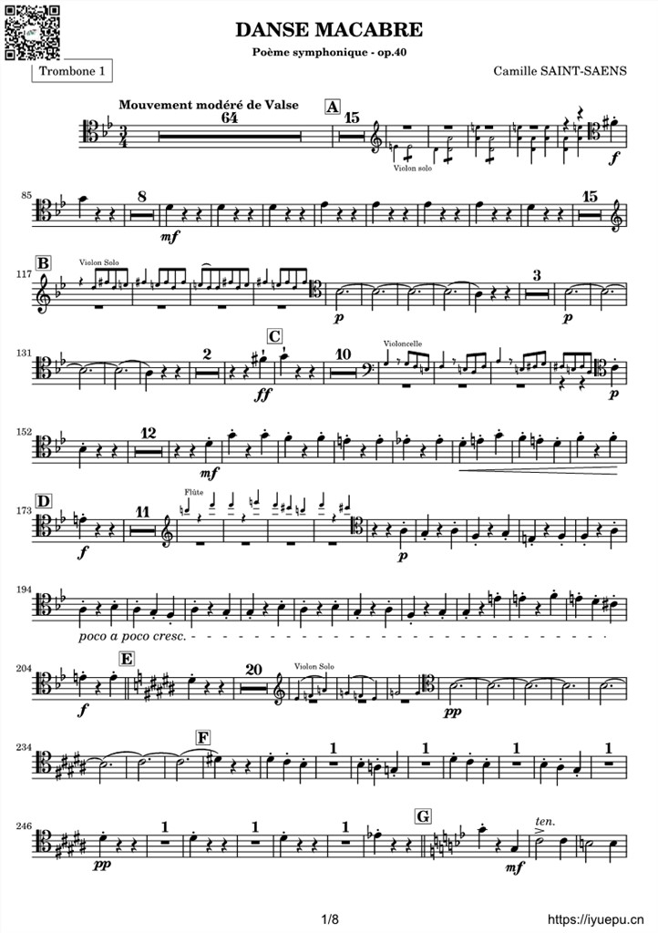 圣桑OP40 交响诗骷髅之舞 Danse macabre 交响乐谱TromboneI-III Tuba分谱 乐谱曲谱总谱分谱伴奏音乐在线预览试听下载