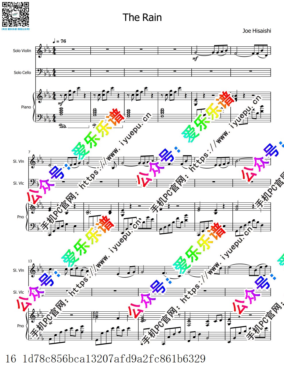 Joe Hisaishi 久石让 菊次郎的夏天插曲 The rain 小提琴大提琴钢琴三重奏V3-总谱与分谱 乐谱曲谱总谱分谱伴奏音乐在线预览试听下载