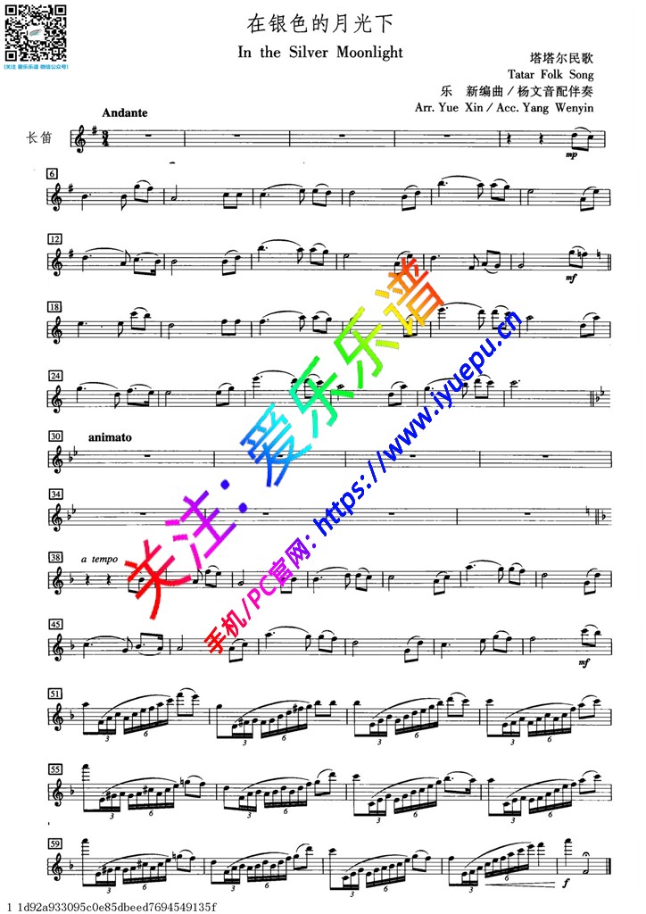 在银色的月光下 塔塔尔民歌乐新编 长笛谱 乐谱曲谱总谱分谱伴奏音乐在线预览试听下载