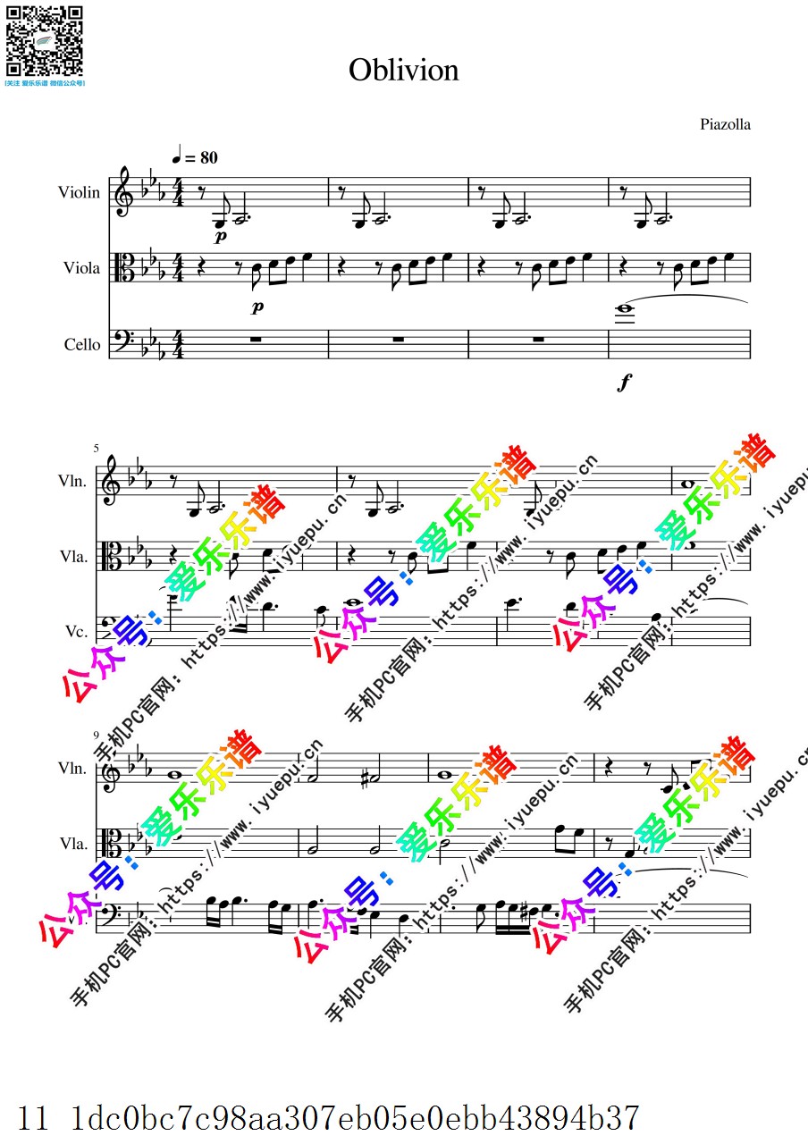 piazolla 皮亚佐拉 Oblivion 遗忘 小中大提琴 弦乐三重奏-总谱和分谱 乐谱曲谱总谱分谱伴奏音乐在线预览试听下载