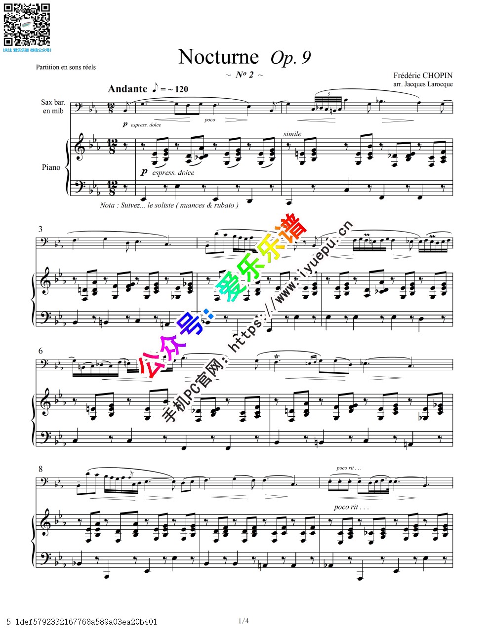 肖邦 夜曲 Nocturno Op9 No2 上低音萨克斯钢琴伴奏谱 乐谱曲谱总谱分谱伴奏音乐在线预览试听下载