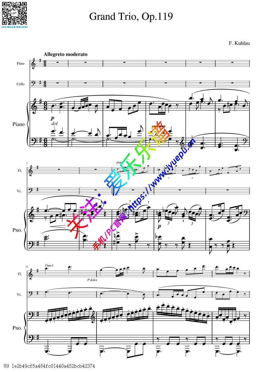 Kuhlau 库劳 Grand Trio  Op.119 长笛大提琴钢琴三重奏-总谱与分谱 乐谱曲谱总谱分谱伴奏音乐在线预览试听下载