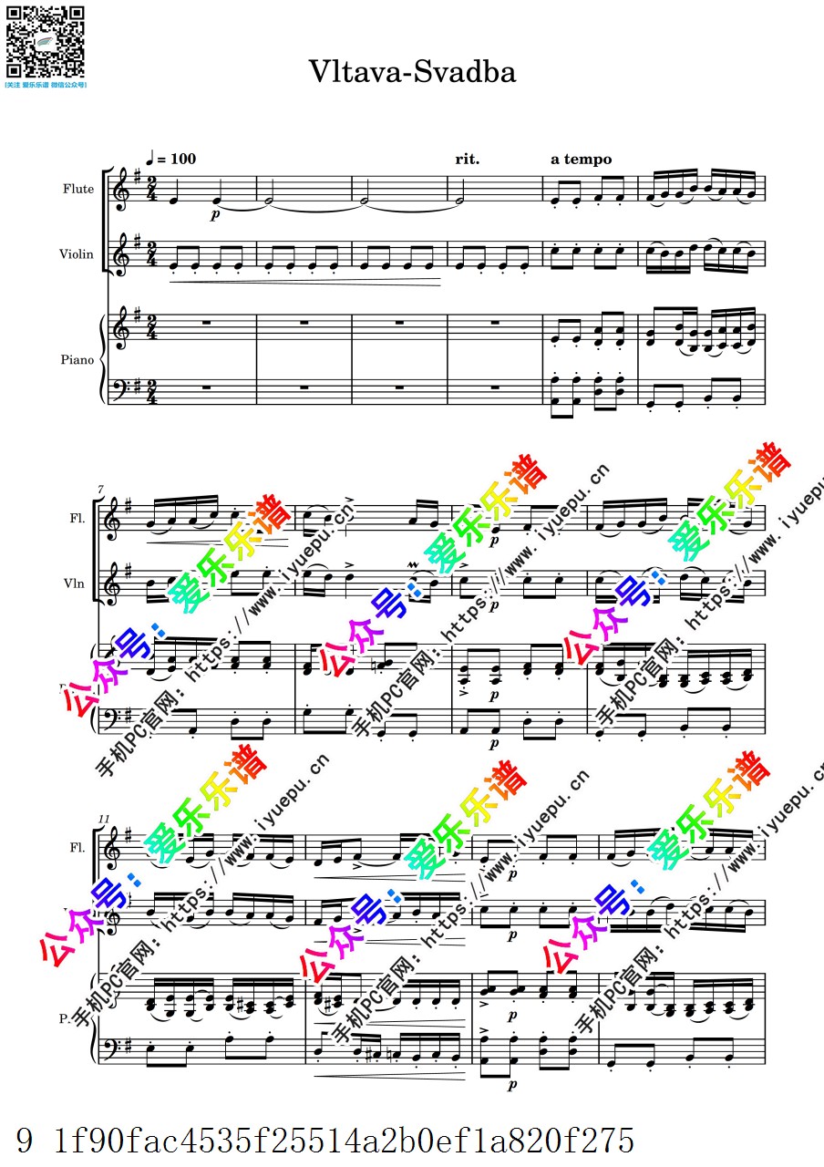 Smetana 斯美塔那 我的祖国 第二乐章‌ 沃尔塔瓦河 Vltava 长笛小提琴钢琴三重奏-总谱和分谱 乐谱曲谱总谱分谱伴奏音乐在线预览试听下载