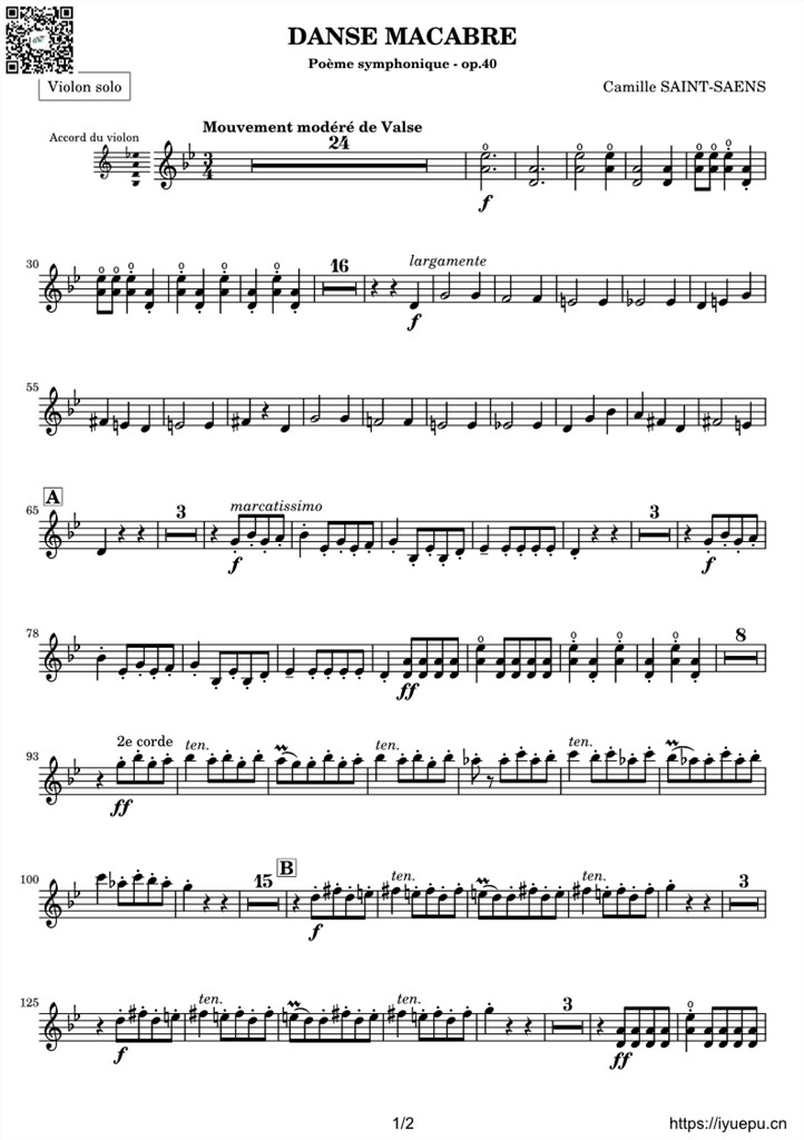 圣桑OP40 交响诗骷髅之舞 Danse macabre 交响乐团谱 violin solo分谱 乐谱曲谱总谱分谱伴奏音乐在线预览试听下载