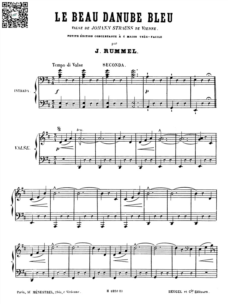 约翰施特劳斯 蓝色多瑙河圆舞曲 Op314 钢琴 四手联弹钢琴谱原版 乐谱曲谱总谱分谱伴奏音乐在线预览试听下载
