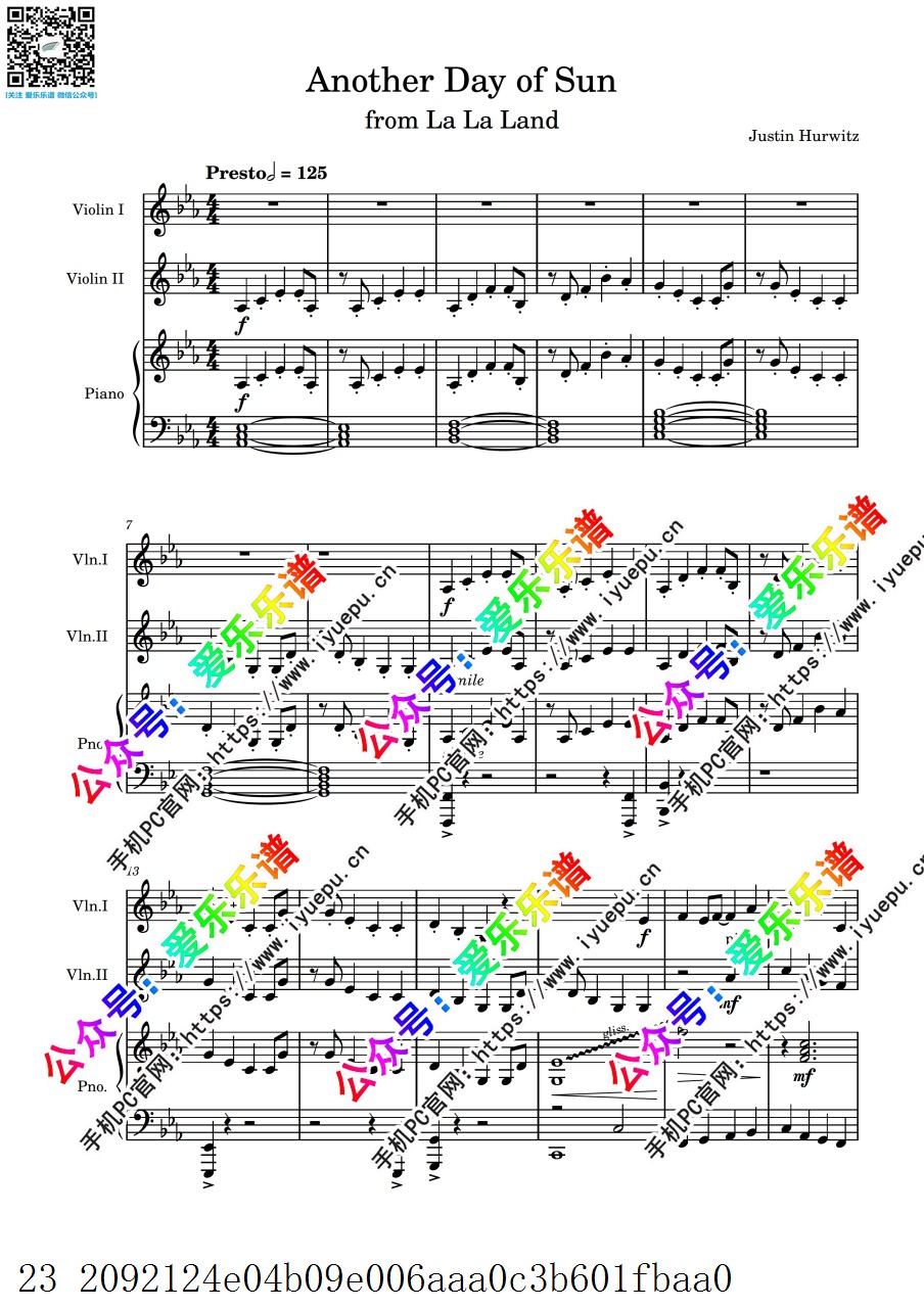 爱乐之城 Lalaland 又一个阳光灿烂的日子 Another day of sun 双小提琴钢琴三重奏-总谱与分谱 乐谱曲谱总谱分谱伴奏音乐在线预览试听下载