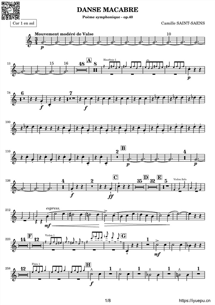 圣桑OP40 交响诗骷髅之舞 Danse macabre 交响乐谱 Horn1-4分谱 乐谱曲谱总谱分谱伴奏音乐在线预览试听下载