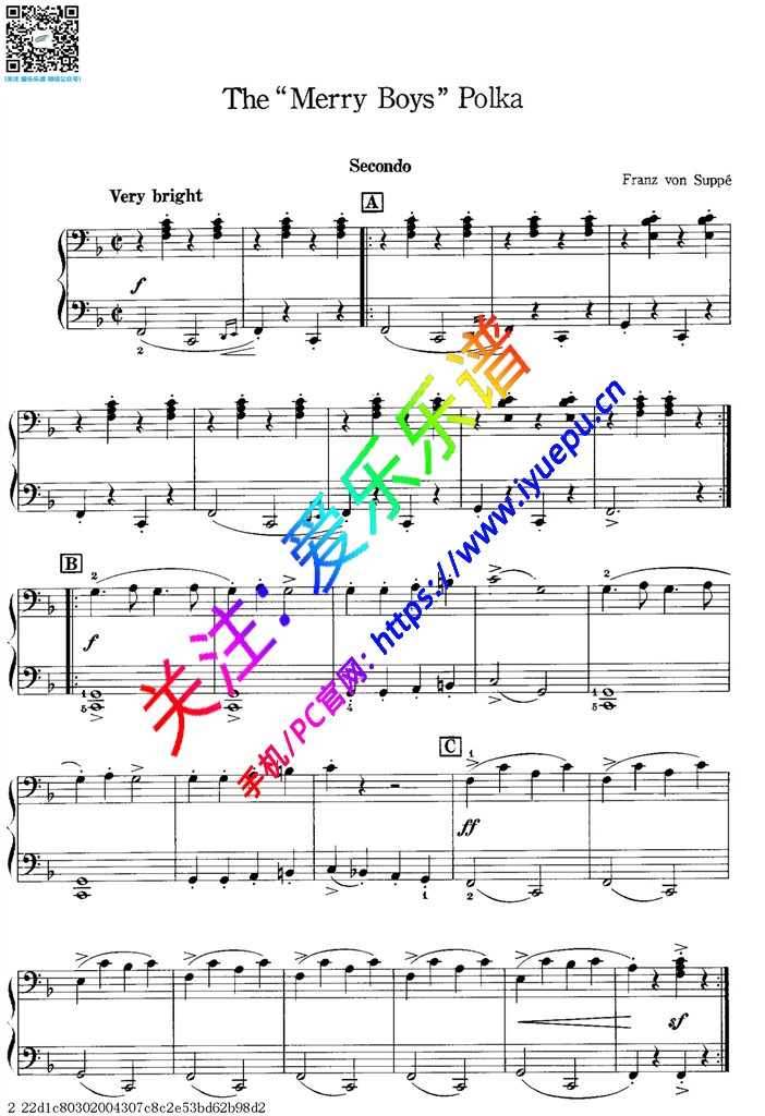 弗兰兹 快乐的波尔卡男孩The merry boys polka 钢琴四手联弹谱 钢琴二重奏谱 乐谱曲谱总谱分谱伴奏音乐在线预览试听下载