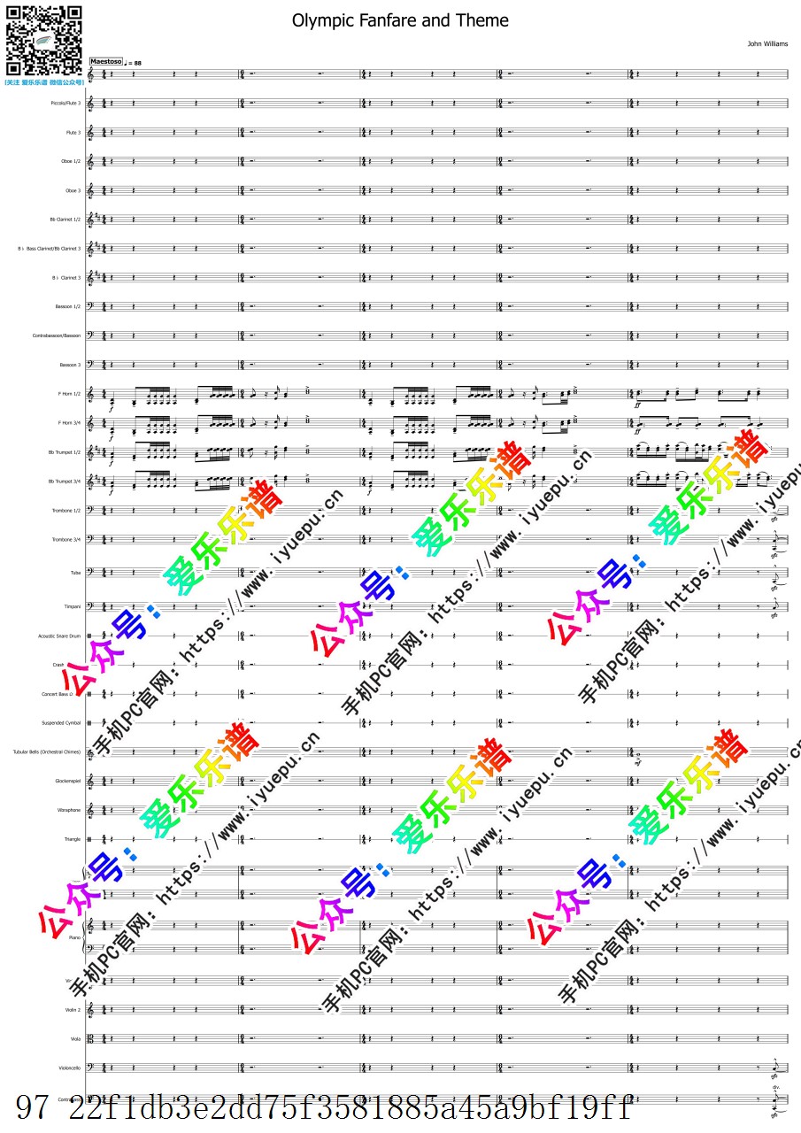 奥林匹克号角和主题曲 OLYMPIC FANFARE AND THEME 交响乐队-总谱和分谱 乐谱曲谱总谱分谱伴奏音乐在线预览试听下载