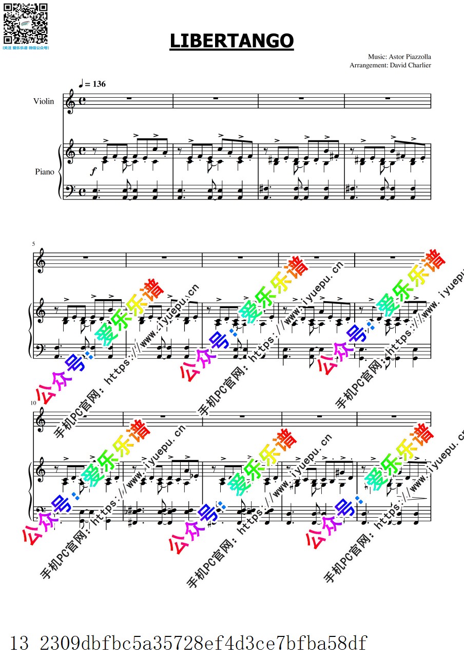 皮亚佐拉 Libertango 自由探戈 小提琴谱与钢琴伴奏谱 V1 乐谱曲谱总谱分谱伴奏音乐在线预览试听下载