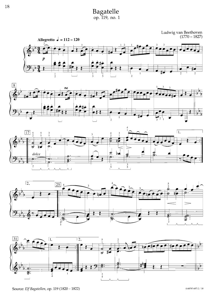 贝多芬 Bagatelle Op119No1 钢琴谱 乐谱曲谱总谱分谱伴奏音乐在线预览试听下载