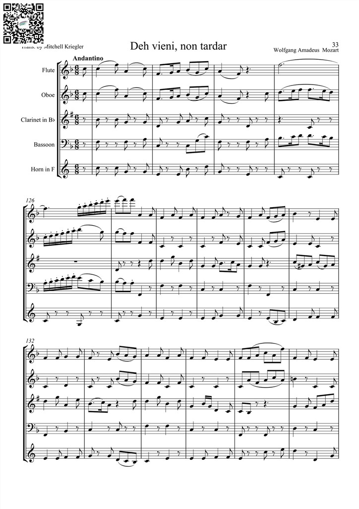 莫扎特 快来吧,别迟缓 Deh vieni non tardar费加罗的婚礼 木管五重奏总谱 乐谱曲谱总谱分谱伴奏音乐在线预览试听下载