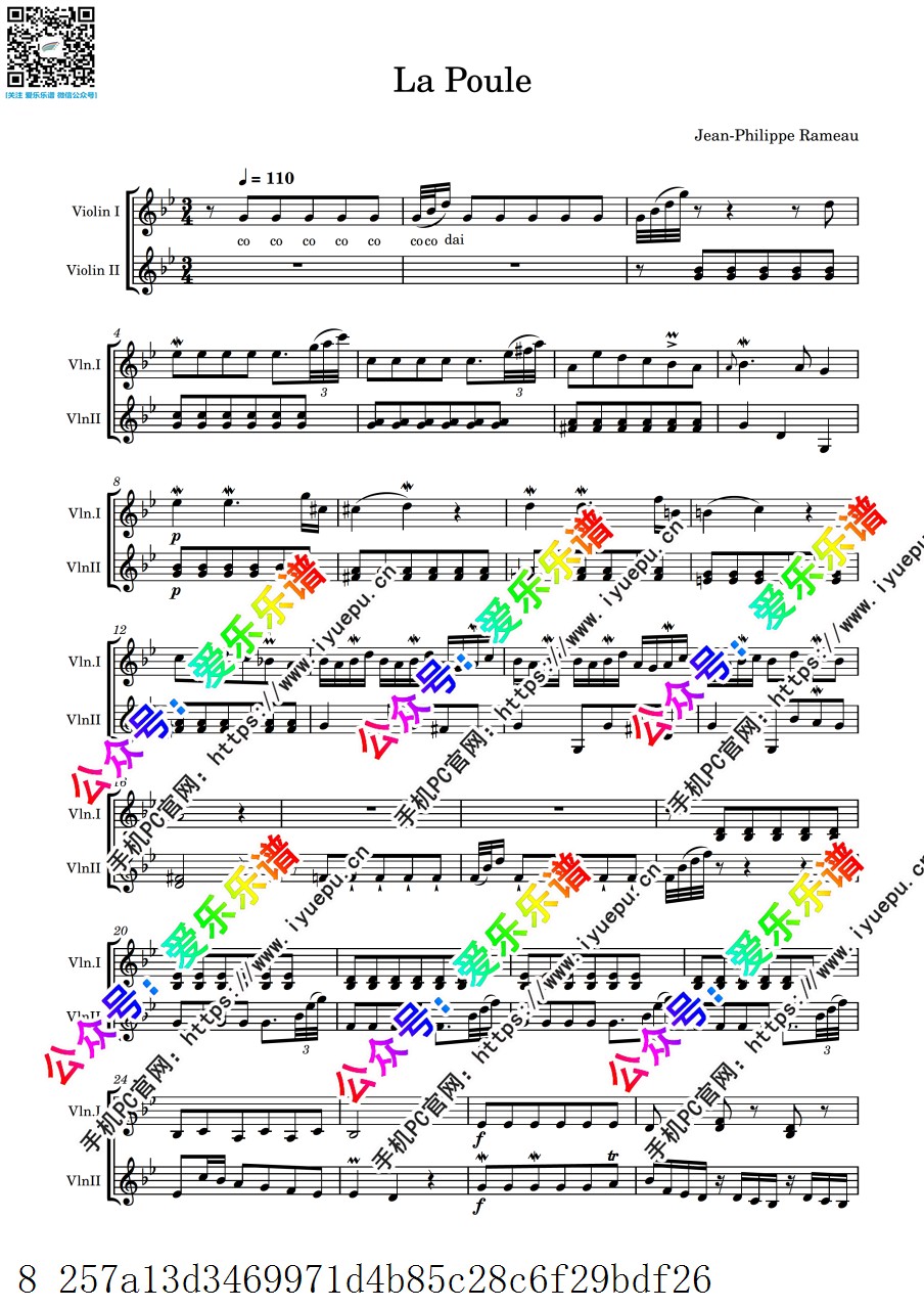 Rameau  La Poule 拉莫 母鸡 双小提琴二重奏-总谱和分谱 乐谱曲谱总谱分谱伴奏音乐在线预览试听下载