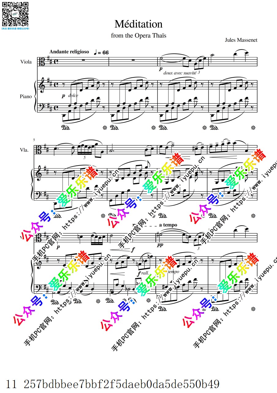 Massenet 马思涅 Thais Meditation 沉思 中提琴谱与钢琴伴奏谱 D 乐谱曲谱总谱分谱伴奏音乐在线预览试听下载