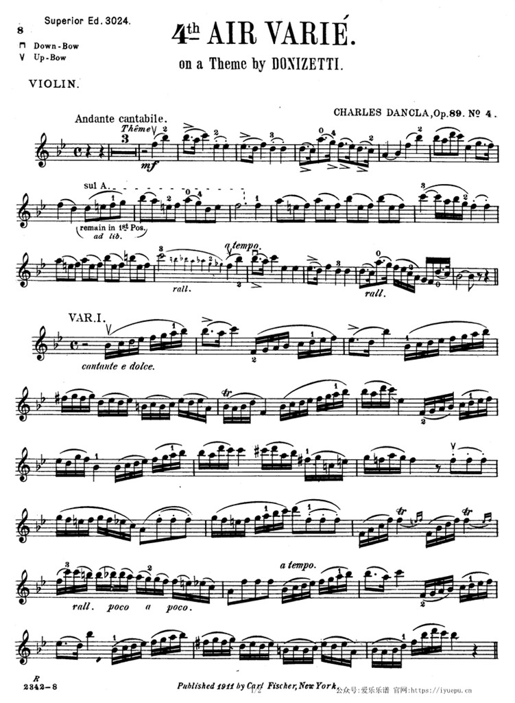 Dancla丹克拉第四变奏曲 多尼采蒂主题与变奏曲 Op.89 No.4 小提琴谱 乐谱曲谱总谱分谱伴奏音乐在线预览试听下载