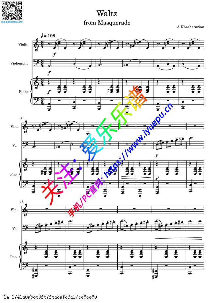 Khachaturian 哈恰图良 假面舞会圆舞曲 Waltz from Masquerade 小提琴大提琴钢琴三重奏-总谱与分谱 乐谱曲谱总谱分谱伴奏音乐在线预览试听下载