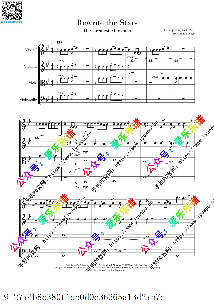 马戏之王 插曲 Rewrite The Stars (from The Greatest Showman) 弦乐四重奏 总谱与分谱 乐谱曲谱总谱分谱伴奏音乐在线预览试听下载