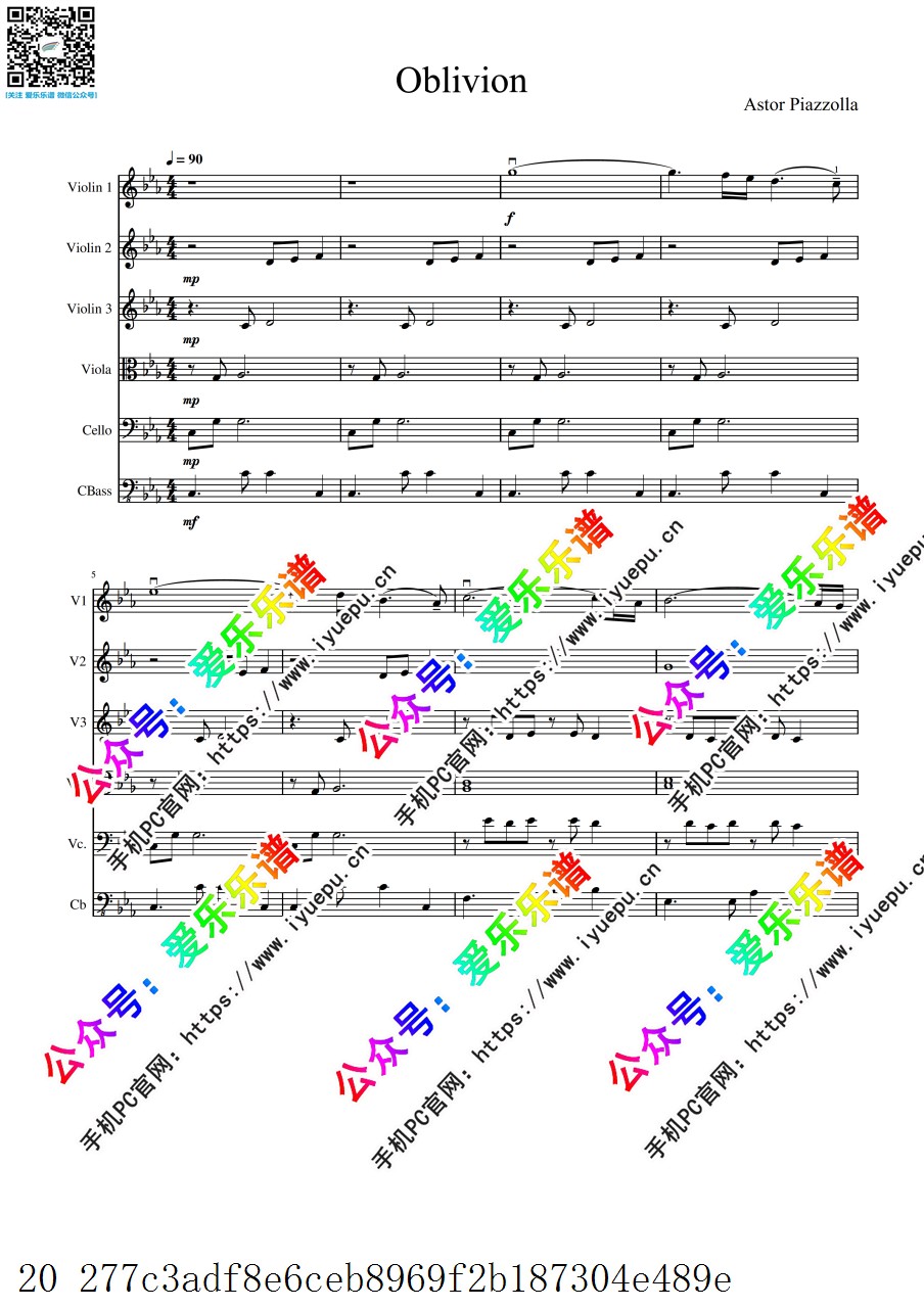 Piazzolla 皮亚佐拉 Oblivion 遗忘 3小1中1大1低音提琴 弦乐六重奏-总谱和分谱 V1 乐谱曲谱总谱分谱伴奏音乐在线预览试听下载
