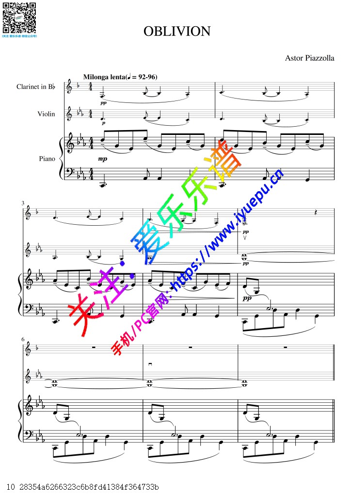 Piazzolla 皮亚佐拉 Oblivion 遗忘 单簧管小提琴钢琴三重奏总谱与分谱 乐谱曲谱总谱分谱伴奏音乐在线预览试听下载
