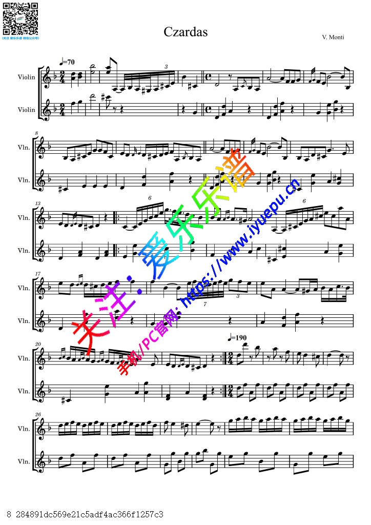 Monti 蒙蒂 Czardas 查尔达什舞曲 双小提琴二重奏总谱分谱 乐谱曲谱总谱分谱伴奏音乐在线预览试听下载