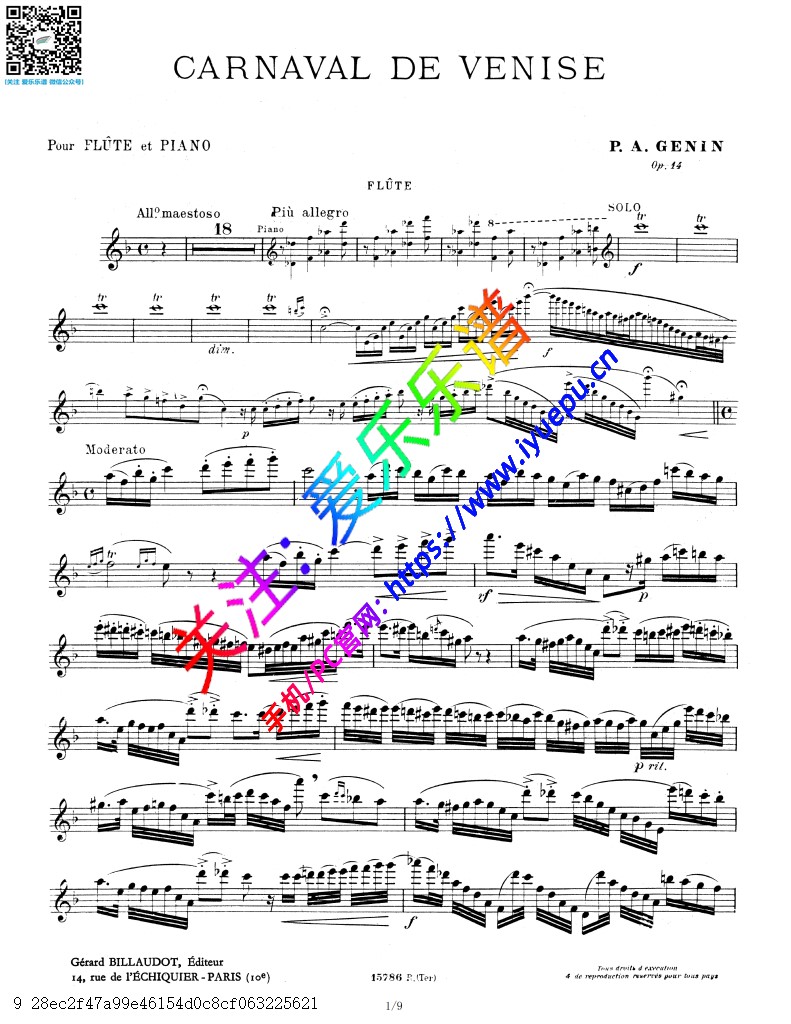 杰南Genin 威尼斯狂欢节 Carnaval de Venise Op.14 长笛谱 乐谱曲谱总谱分谱伴奏音乐在线预览试听下载