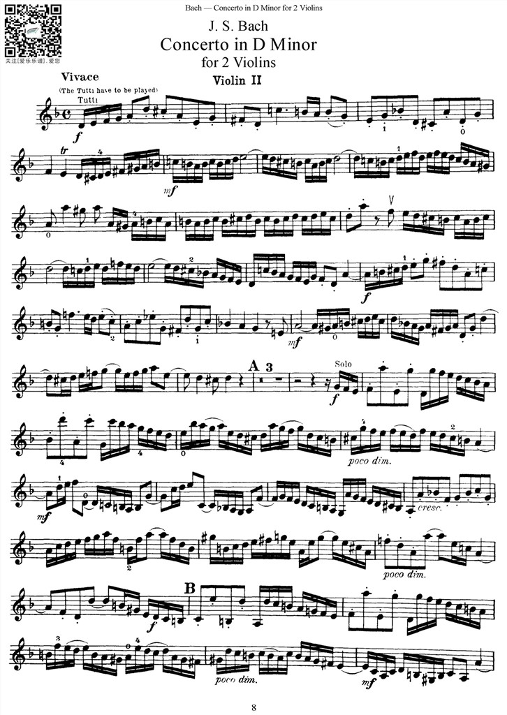 巴赫d小调双小提琴协奏曲 BWV1043 第二小提琴分谱 乐谱曲谱总谱分谱伴奏音乐在线预览试听下载