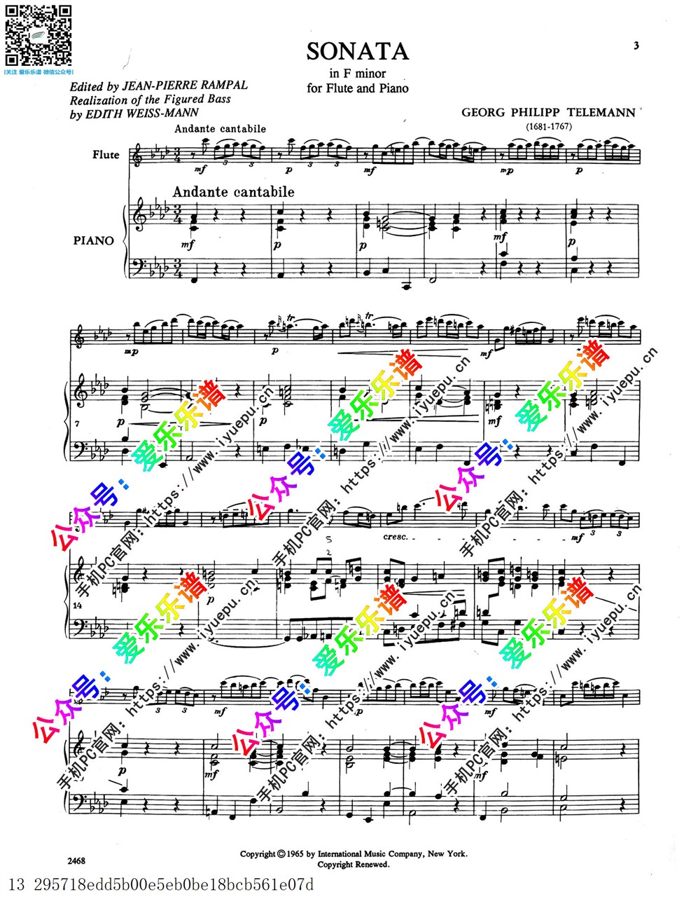 TELEMANN泰勒曼 SONATA in F minor FOR FLUTE AND PIANO F小调长笛奏鸣曲 IMC原版 乐谱曲谱总谱分谱伴奏音乐在线预览试听下载