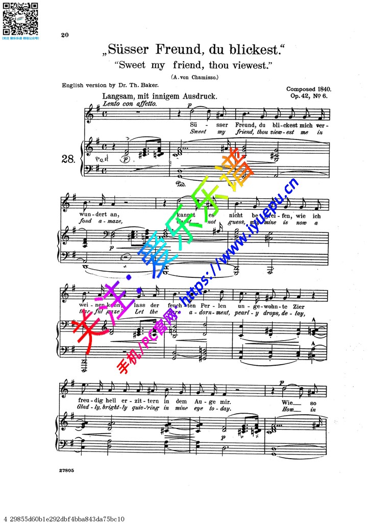 舒曼 Op42No6 Susser Freund,du blickest高音 声乐谱 钢琴伴奏谱 乐谱曲谱总谱分谱伴奏音乐在线预览试听下载