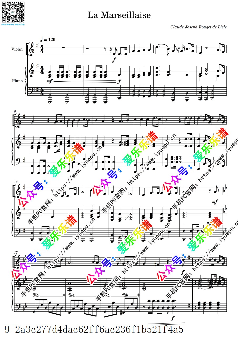 La Marseillaise 法国国歌 小提琴谱与钢琴伴奏谱 总谱分谱 乐谱曲谱总谱分谱伴奏音乐在线预览试听下载