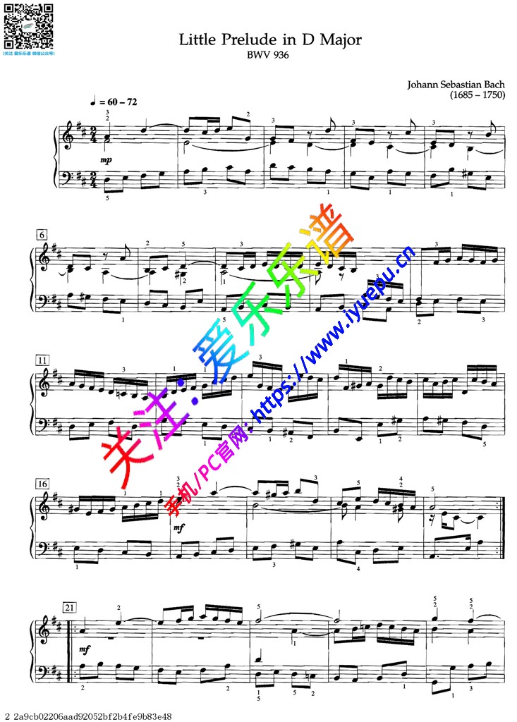 巴赫d大调小前奏曲little Prelude Bwv936 钢琴谱 乐谱预览 爱乐乐谱 巴赫d大调小前奏曲little Prelude Bwv936 钢琴谱 乐谱预览 爱乐乐谱