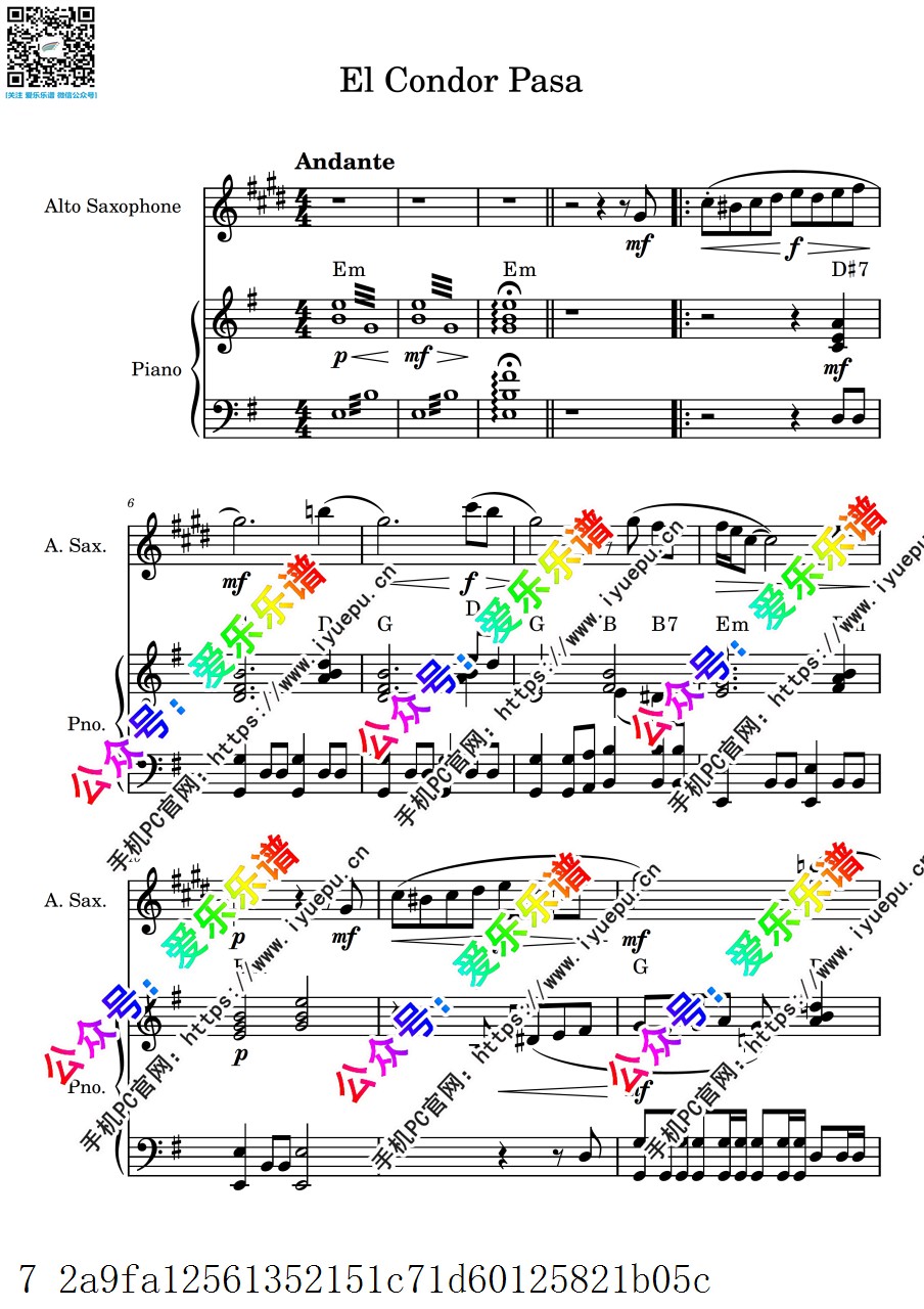 老鹰之歌 El condor pasa 中音萨克斯谱与钢琴伴奏谱V2 in e 乐谱曲谱总谱分谱伴奏音乐在线预览试听下载