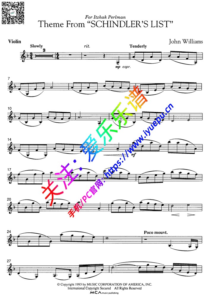 Williams 辛德勒的名单 主题曲 小提琴谱 原版 乐谱曲谱总谱分谱伴奏音乐在线预览试听下载